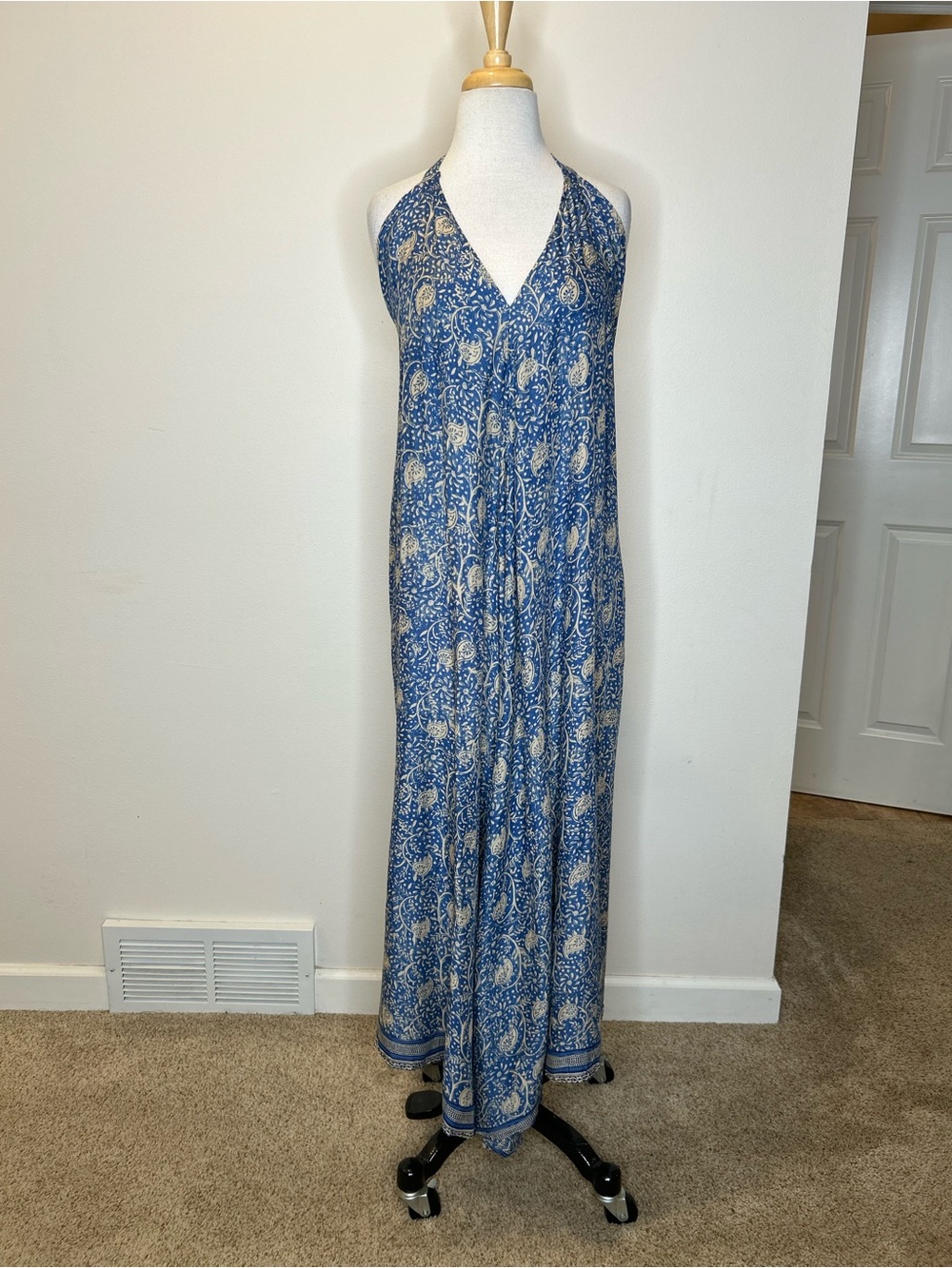 Natalie Martin Blue Bohemian Print Maxi Halter Dress Size S Rayon